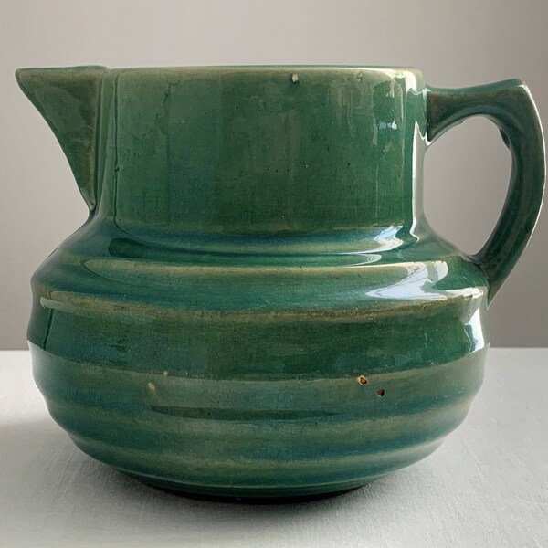 Antique Farm House Kitchen Green Pottery Pitcher by McCoy Brush Glaze Green Water Pitcher Working Pottery McCoy Ohio Pottery Co USA