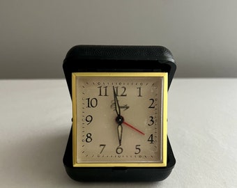 Mid-Century Equity Travel Alarm Clock in Black Folding Case