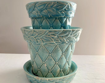 2 Vintage McCoy Turquoise Planters Brushed Glaze Diamond Quilt Pattern Pottery Planter Pots