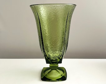 Mid-Century Green Glass Pedestal Vase 8 1/4" Tall Textured Structured Glass Vase