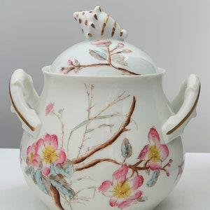 May include: White porcelain sugar bowl with a seashell lid and floral design. The bowl has two handles and is decorated with pink and yellow flowers and green leaves.