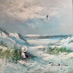 Vintage Seascape Oil Painting Features Girl in Sun Hat & Seagulls in Flight 28&quot;x 24&quot;