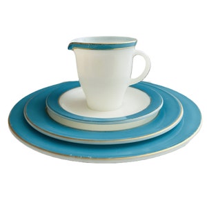 4pc Mid-Century Turquoise by Pyrex / 10 Inch Dinner Plate, 8 1/4&quot; Salad Plate, 6 1/4&quot; Saucer & Creamer Pitcher