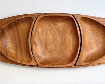 Mid-Century Hard Wood Serving Tray 25" Long Large Serving Platter Vintage 1960s Wood Centerpiece Natural Wood 3 Wood Bowl Inserts