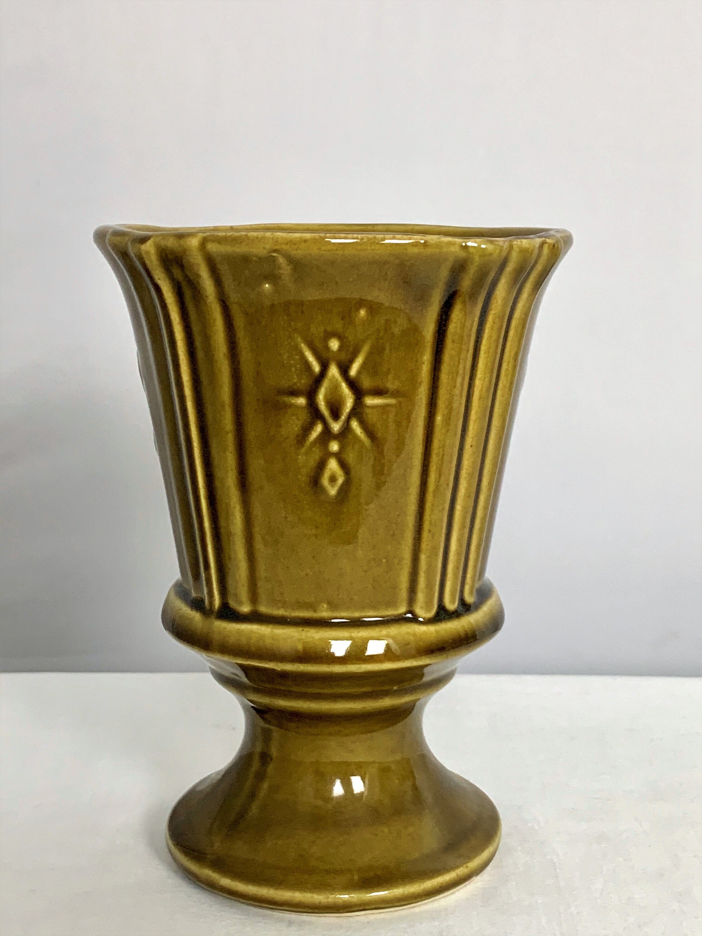Vintage Pedestal Pottery Vase Mid Century Green USA Ohio Etsy