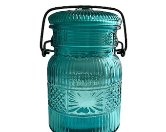 Vintage Turquoise Glass Canning Jar, Clamp Style Blue Ball Mason