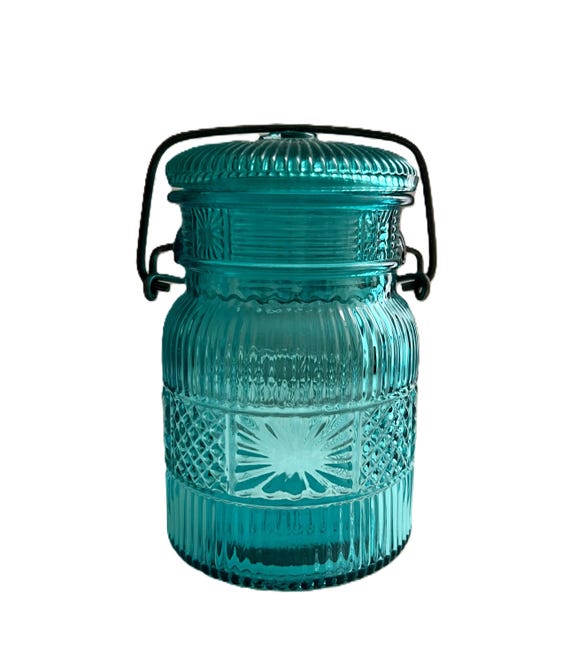 Vintage Turquoise Glass Canning Jar, Clamp Style Blue Ball Mason
