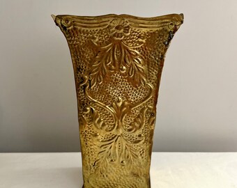 Vintage Venetian Embossed Gold Metal Square Vase 9 3/4" High Brass Vase