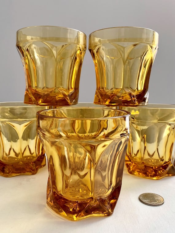 Vintage Golden Glassware Set of 6 Quailty 8oz Drinking Glasses Paneled  Design Table Glassware Drinking Glasses Beautiful Chunky Glass 