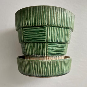 Mid-Century Green Basket Weave McCoy Planter Pot Large Green Banded Pot
