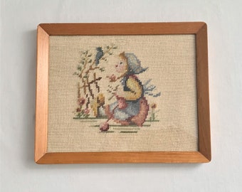 Vintage Blue Bonnet Girl & Bluebird Wood Framed Art Needlework Art