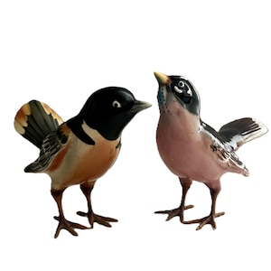 May include: Two ceramic bird figurines standing side by side. The left bird has a black head, orange chest, and brown-tipped wings. The right bird features a black head, a light pink chest with blue throat markings, and dark-tipped wings.