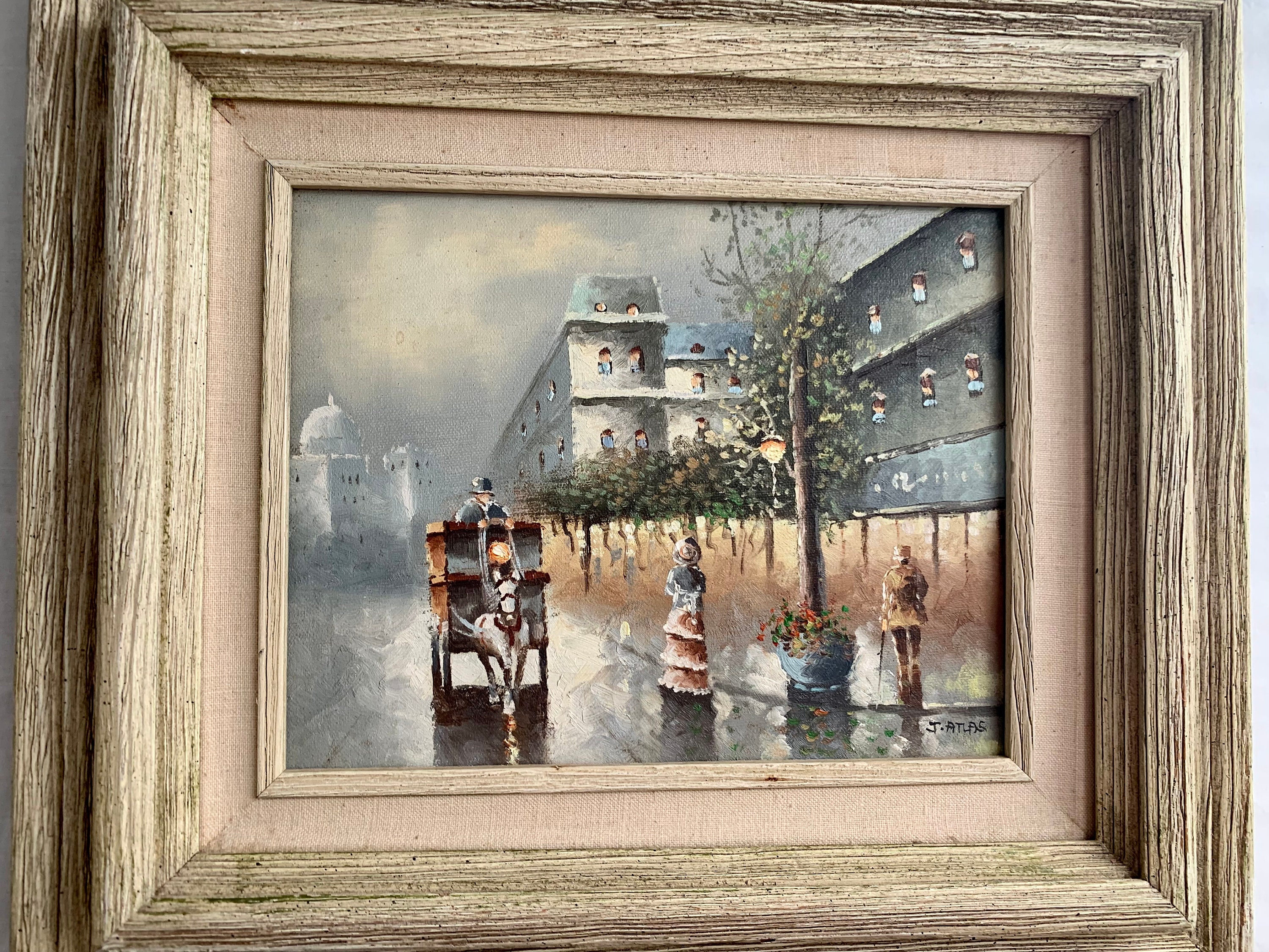【French Vintage Oil Painting】　油絵　フランス Vintage French Christmas Oil Painting: Paris Street Scene, Framed