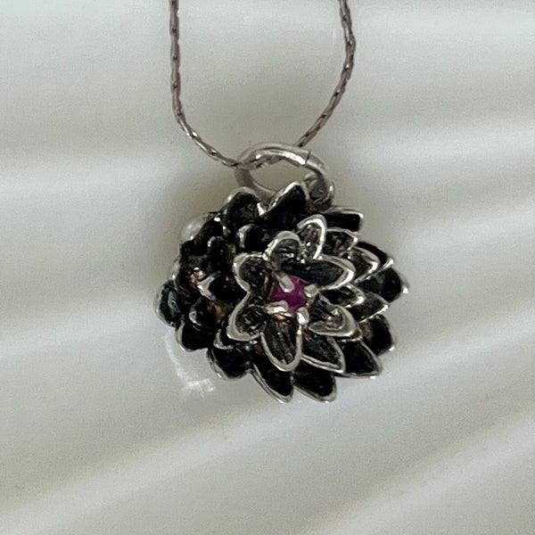 Vintage Sterling Silver LOTUS Flower Pendant With Ruby Center Stone Necklace Hallmarked VF 925 on Italian Silver Chain Hallmarked 925 Italy