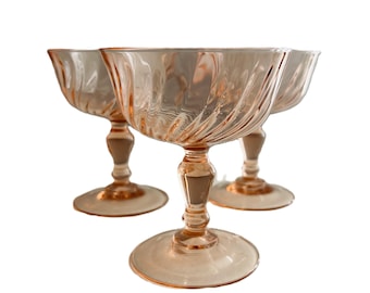 3 Vintage Coupe Champagne Glasses; Rosaline Pink Swirl, Made in France by Arcoroc