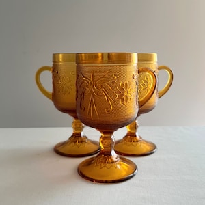 3 Vintage Golden Sandwich Glass Pedestal Mugs From Indiana Glass Company