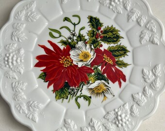 Vintage Poinsettia Holiday Plate: Westmoreland Glass Company Paneled Grape Plate