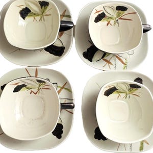 8PC Vintage Coffee Cup & Saucer Set / Lotus Bronze Pattern / by Red Wing Potteries / MCM USA