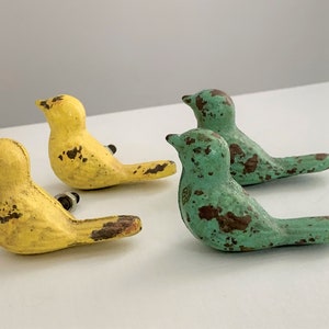 May include: Four decorative bird-shaped cabinet knobs. Two are yellow, and two are green, all with a distressed, aged finish. The knobs are made of metal and have a screw on the back for easy installation. These knobs add a whimsical touch to any furniture.