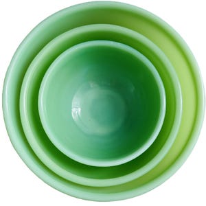 3 Vintage Jadeite Bowls / Retro 60s Jade Glass Bowls / Fire King Oven Ware / MCM Kitchen Bowls