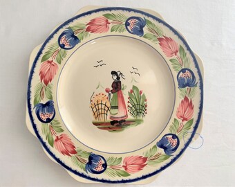 Antique 10" Faience Plate Collectible Gift Farm Flower Girl Scallop Edge Ironstone
