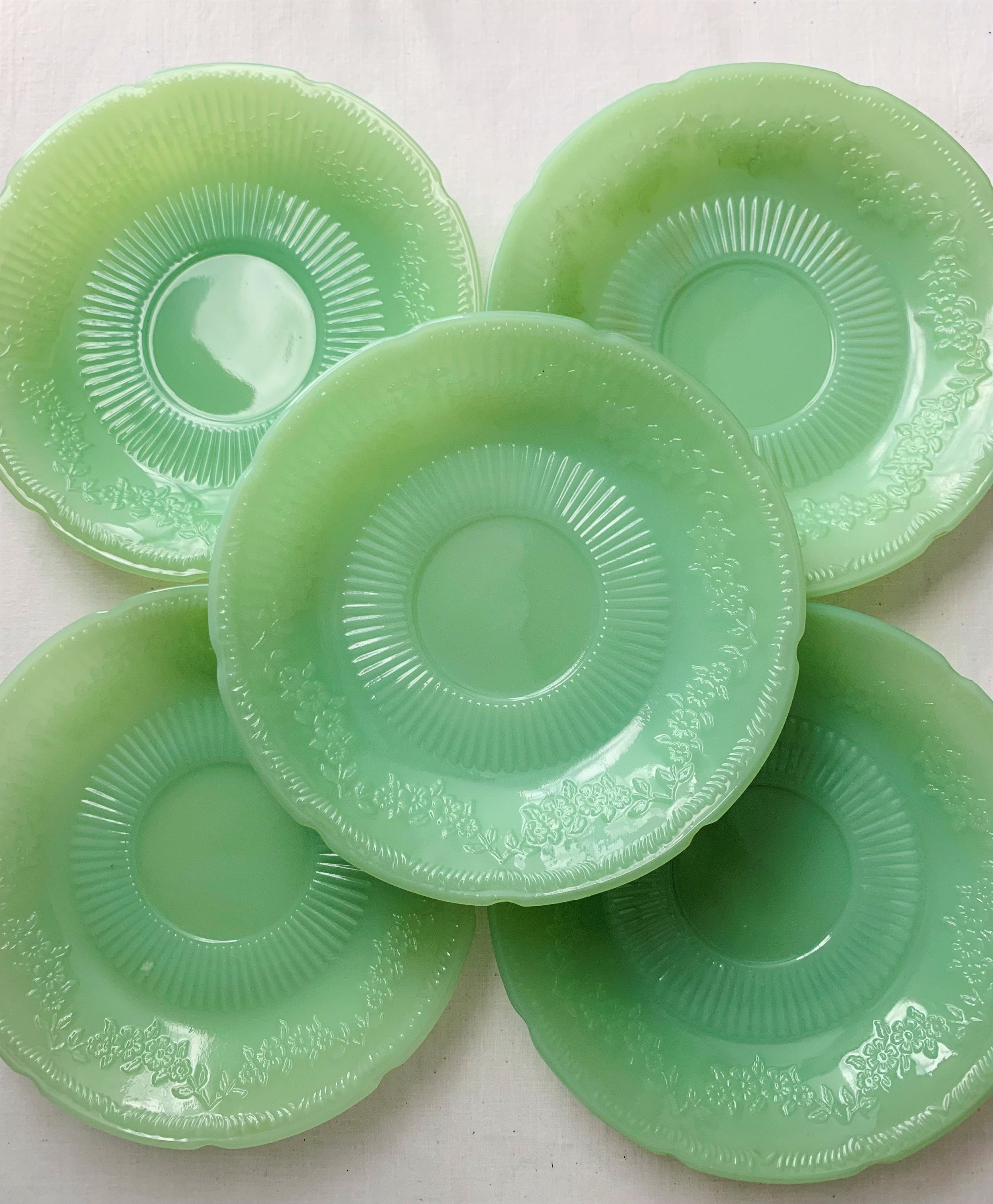 5 JADEITE PLATES Fire King Jadeite Mid Century Green Jade Glass Plates  Anchor Hocking Saucers Jadeite Alice Pattern Scallop Edge Jadeite