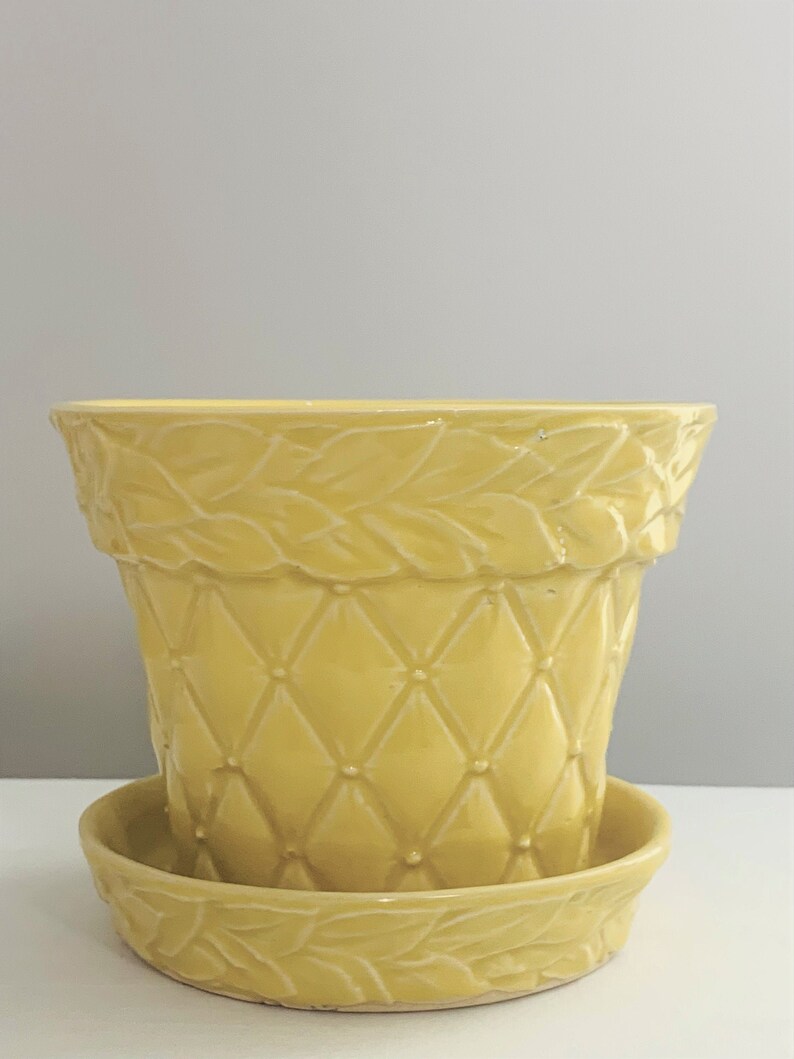 Vintage MCCOY YELLOW Pottery Planter Quilted Design Carved Etsy