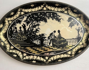 Mid-Century Oval Victorian Tray Silhouettes Gold & Black