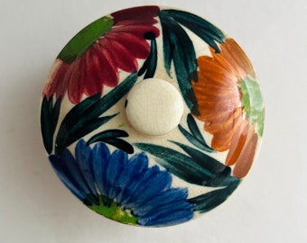 Mid-Century 3 Flower Colorful Covered Bowl Art Ceramic Pottery Deep Blue, Pink & Orange Flowers