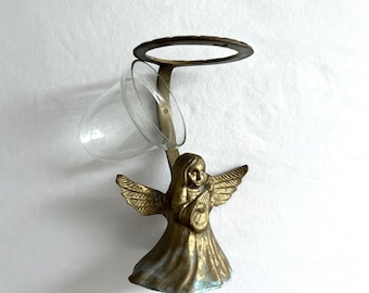 Vintage Brass Angel Lute Player & Glass Votive Candle Holder