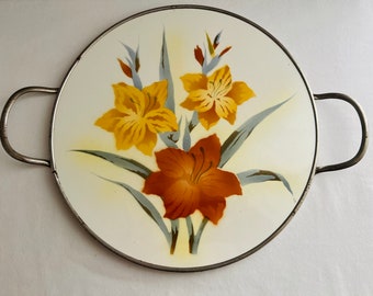 Vintage Day Lily Tray Porcelain in Metal Tray Germany 2771 Stamped