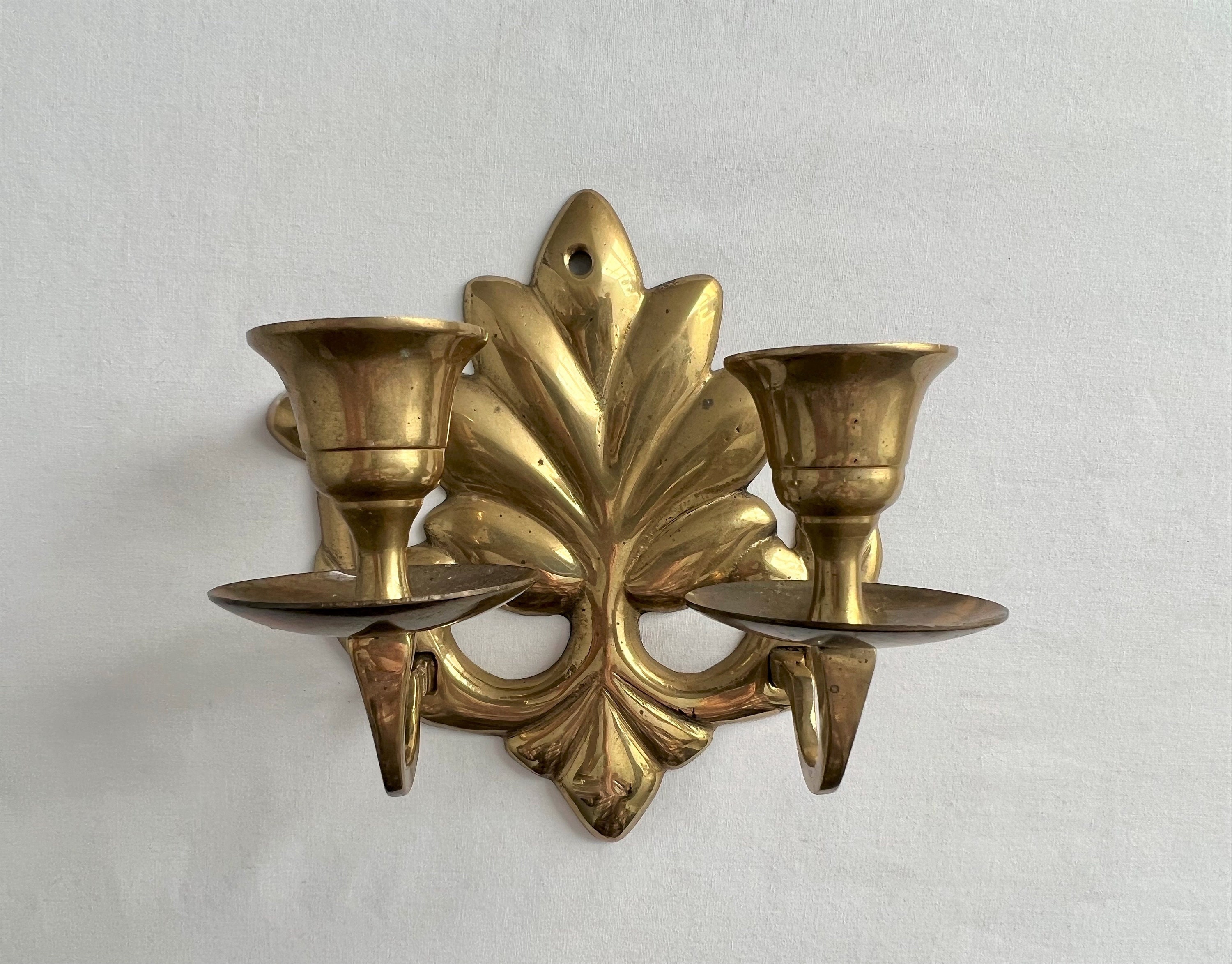Vintage Brass Double Taper Fluer De Lis Sconce Candle Holder