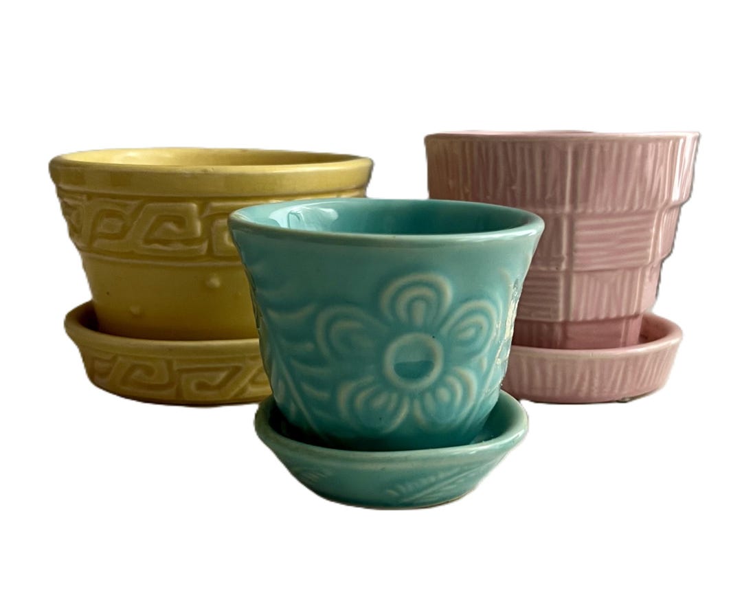 3 Mid-century Mccoy Pottery Planter Pots; Yellow Greek Key, Pink Basket ...