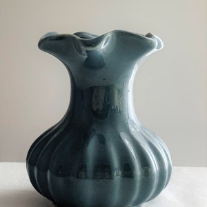 Vintage Blue Brush Glaze Ceramic Vase Fluted Ruffle Top 4" Tall Vase
