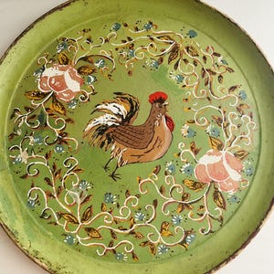 Mid-Century Hand Painted Round Rooster Tray Japan Tole Ware