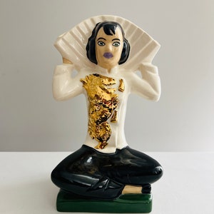 1970&#39;s  Figural Vase 8 1/2&quot; Woman In Dragon Top Holding Fan Vase Figural Vase