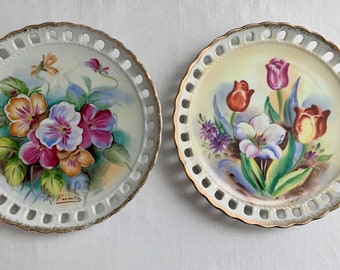 Mid-Century Wall Art Pair of Handpainted Plates Signed Porcelain Plates Reticulated Ceramic Plates