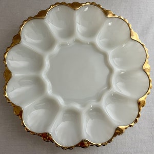 Vintage Milk Glass Egg Plate / 22K Gold Trim Egg Plate