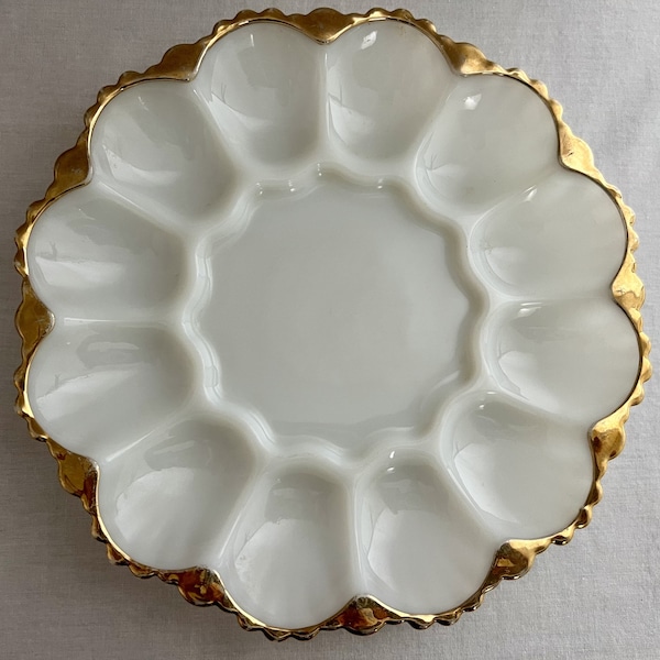 Vintage Mid Century Milk Glass & Gold Egg Plate 22K Gold Trim Pressed Milk Glass Egg Plate