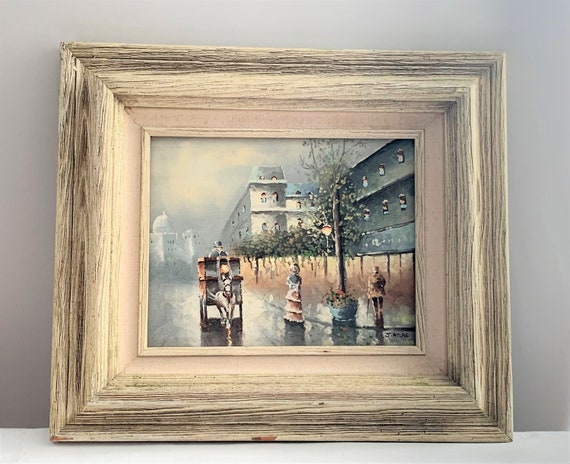 Vintage French Christmas Oil Painting: Paris Street Scene, Framed
