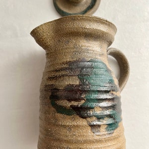 Mid-Century Covered Pottery Pitcher Wheel Thrown Primitive Ceramic Jug