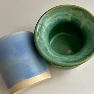 2 Vintage Studio Pottery Pieces, Green Cuspidor Shaped Vase & Matte Blue Cup