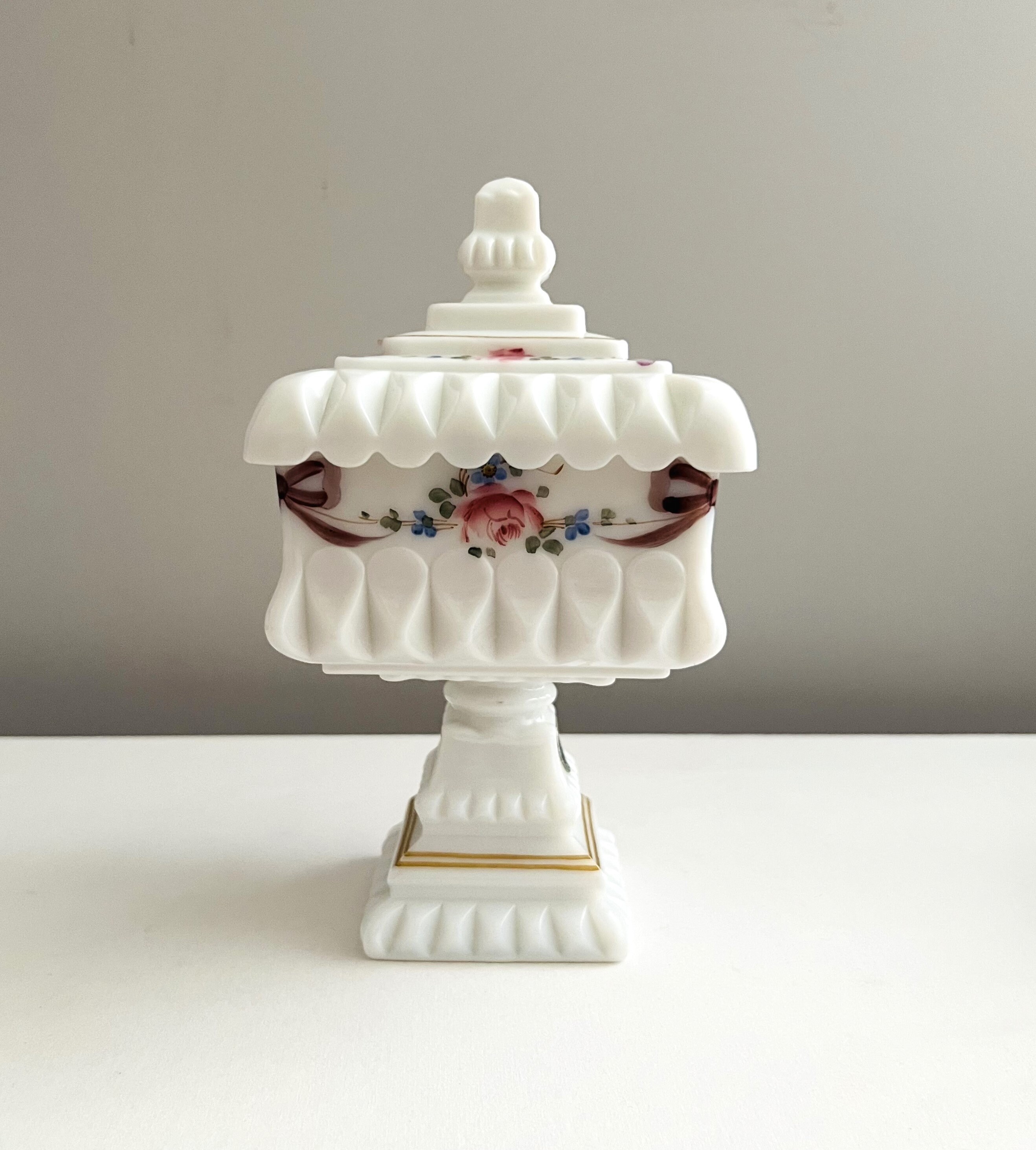 Mid-century Westmoreland Milk Glass Cake Box: Hand-painted Roses