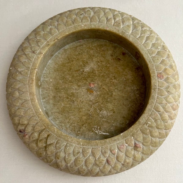 Vintage Pale Jade Green Stone Bowl Fish Scale Pattern Stone Bowl, Luminary Base, Decorative Dish