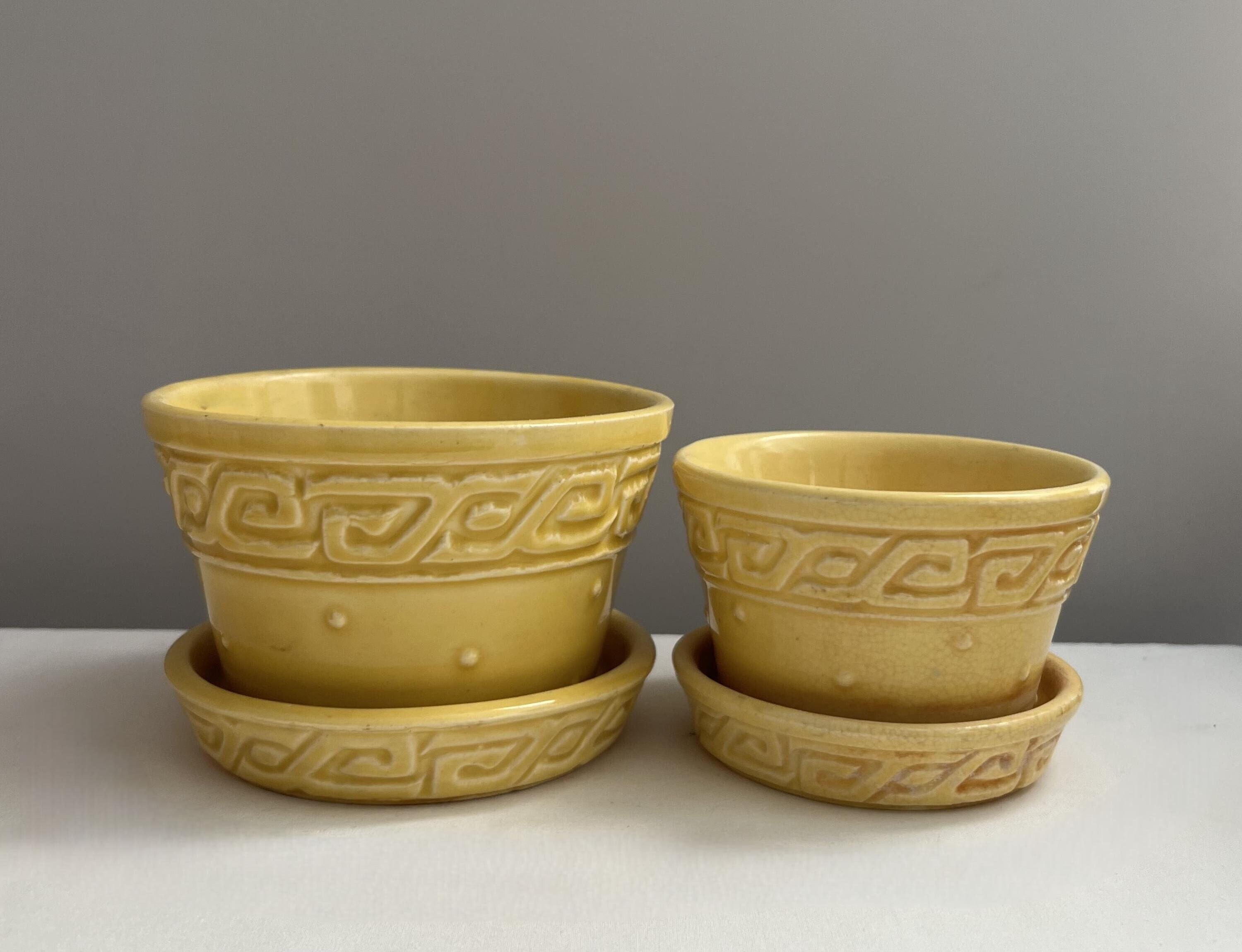 2 Vintage Yellow McCoy Planter Pottery Pots / Greek Key Pattern / MCM American Pottery / McCoy / Made in USA