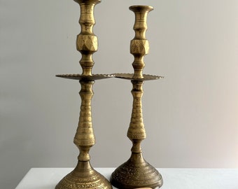 2 Mid-Century Engraved Beehive Candle Stick Holders 13 1/2" Tooled Hammered Beehive Brass Candle Stick Holders