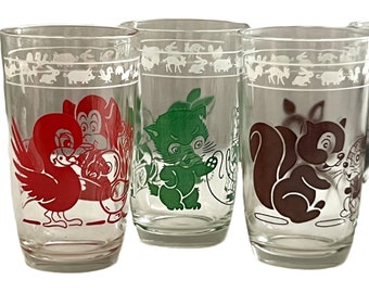 Mid-Century Hazel Atlas Character Juice Glasses Swanky Swigs "Kiddie Kups" Set of 6
