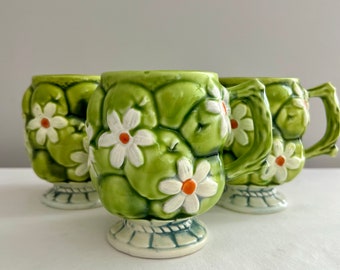 5 Mid-Century Green Apple & Daisy Inarco Coffee Tea Mugs JAPAN