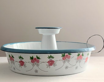 Vintage Folk Art Candle Holder Chamber Light White Enamel With Pink Flowers