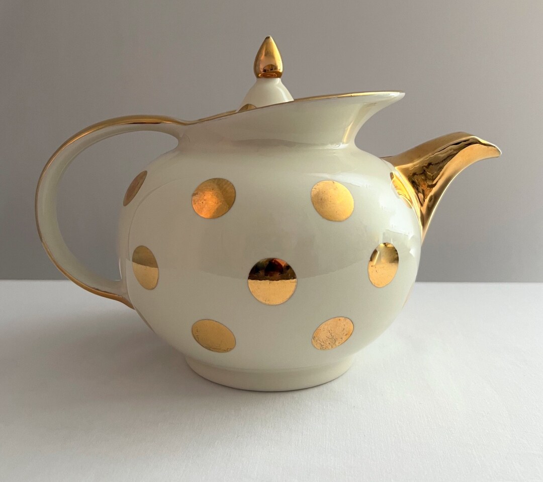 Vintage Art Deco Teapot by HALL Gold Polka Dot Windshield Rimteapot Etsy